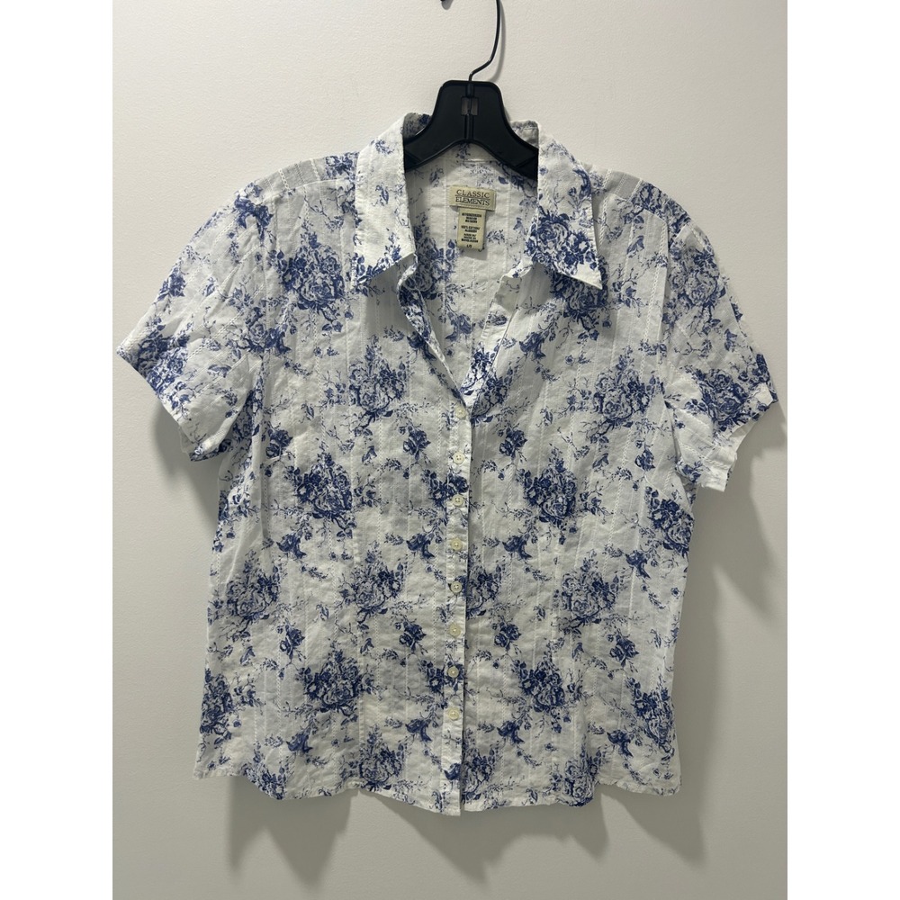 Classic Elements Womens Large Blue White Floral Cotton Button Down Shirt Dobby